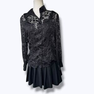 Sheer Floral Button Down Goth Whimsigoth Dark Textured Blouse Top M Layering